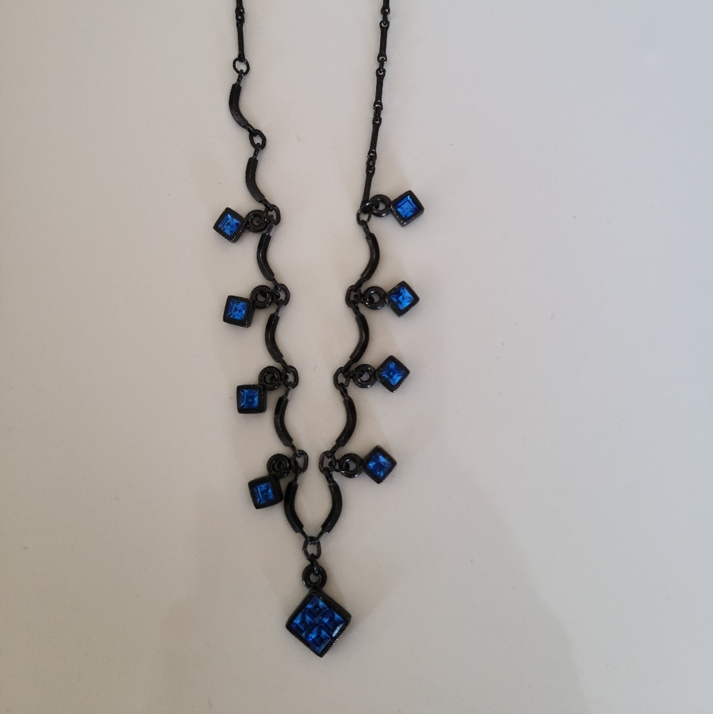 Blue Square Stone Necklace, dark metal finish